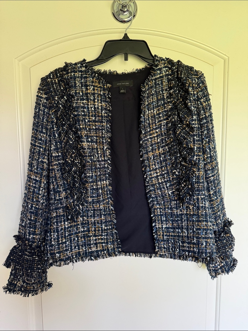 Ann Taylor Navy, White & Gold Tweed Fringe Open-Front Blazer
